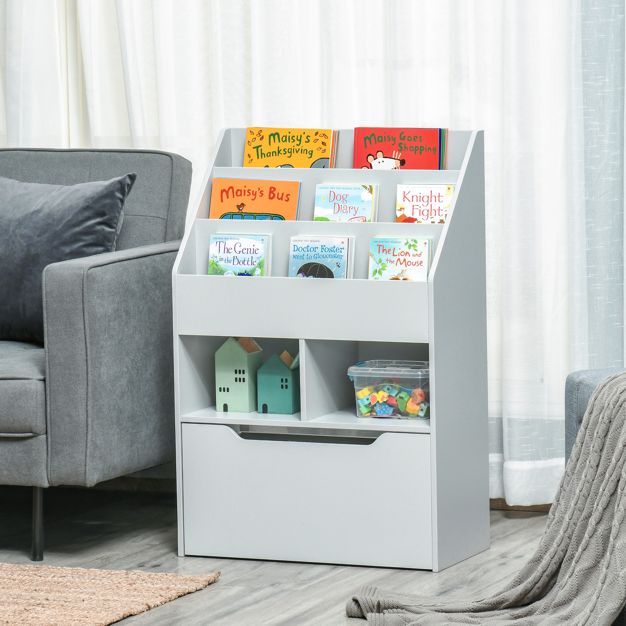 Homcom Estantería Librería Infantil Con 3 Compartimentos 2 Cubos Cajón Y Ruedas