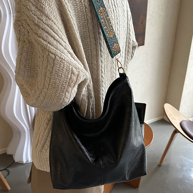Sling de ombro vintage para mulheres, bolsa de balde tiracolo, alta capacidade, alça larga simples, cor sólida, na moda