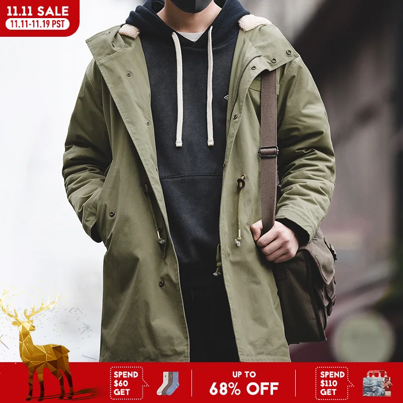 Maden masculino grosso com capuz M-51 fishtail casaco de algodão mais veludo parka jaqueta verde blusão inverno outono masculino trench coat