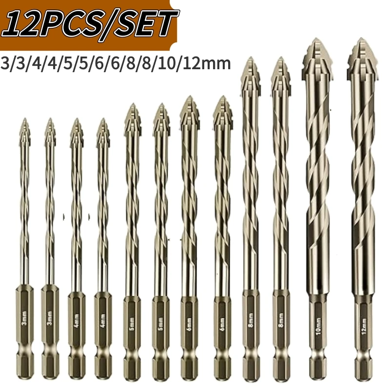 12PCS 3-12mm Four-Flute Sawtooth Eccentric Drill Bit Set For Concrete Tile Ceramic Wood Drilling Masonry Drill Bit Set Tools