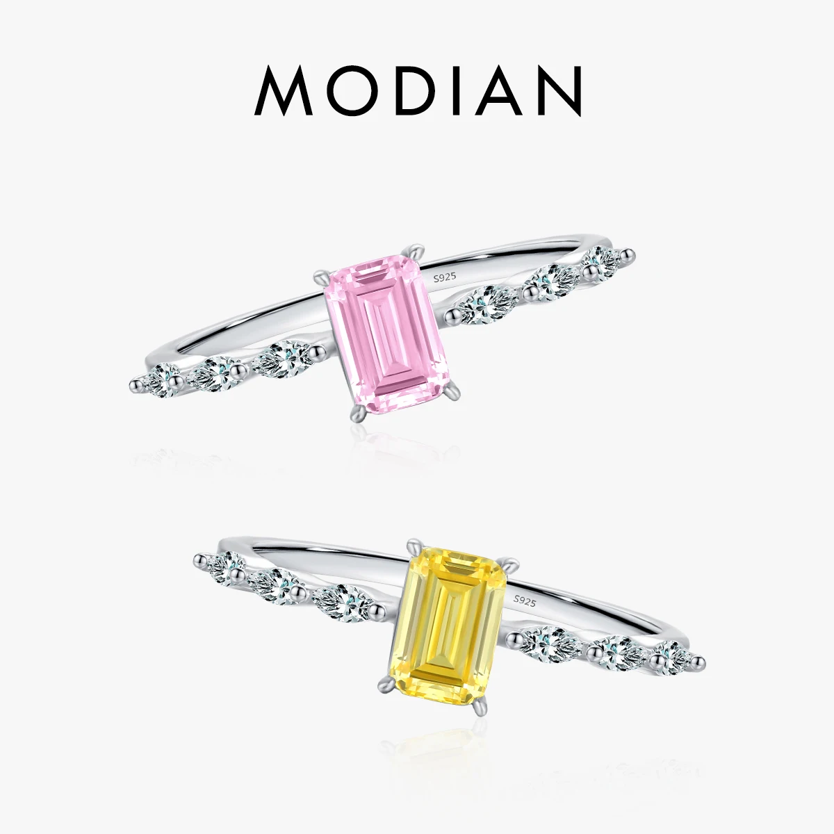 MODIAN Plata de Ley 925 auténtica exquisito anillo de circonia rosa y amarillo con corte de Esmeralda brillante para mujer, joyería de buenos de lujo para boda