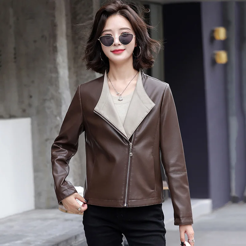 Neue Frauen Frühling Herbst Motorrad Lederjacke Mode Chic Reißverschluss Kragen Slim Split Ledermantel Lässige Biker Jacke