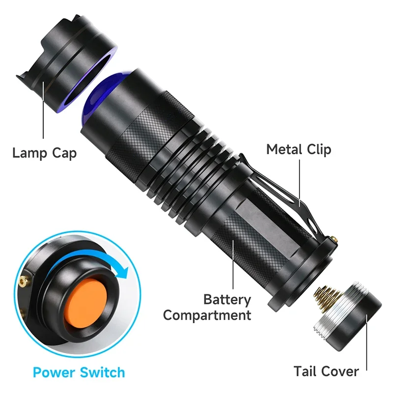 Lampe de poche UV LED Portable, lumière noire, longueur d'onde 395nm, lumière violette, Urine animale, Scorpion, détecteur d'hygiène féminine, torche