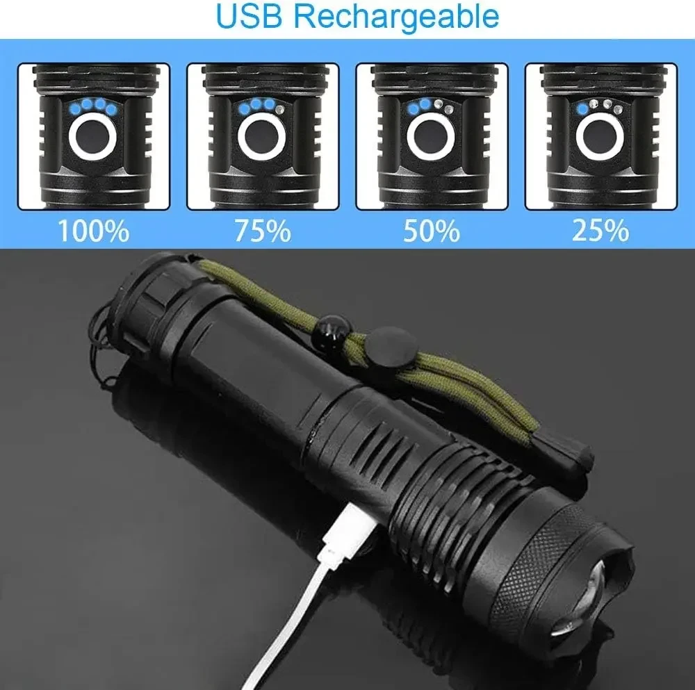 Linterna LED de alta potencia recargable 5 modos aleación de aluminio linterna con Zoom telescópico lámpara táctica para acampar al aire libre pesca