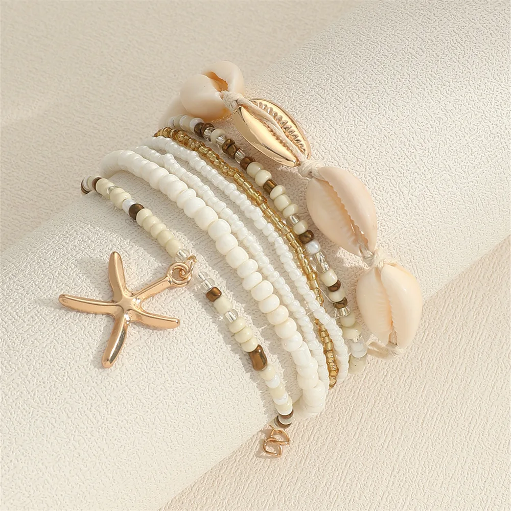 7 Uds. De dijes de concha de estilo playero, pulsera de cuerda, pulsera de hilo de cuentas de semillas para mujer, pulseras apilables de verano en el océano