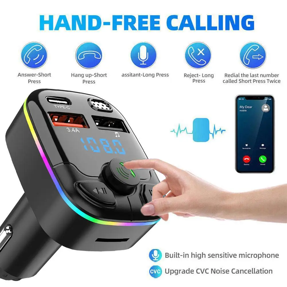 Car Bluetooth 5.0 FM Transmitter Dual USB 3.1A PD Type-C Colorful Ambient Light Car Accessories Player Kit 2024