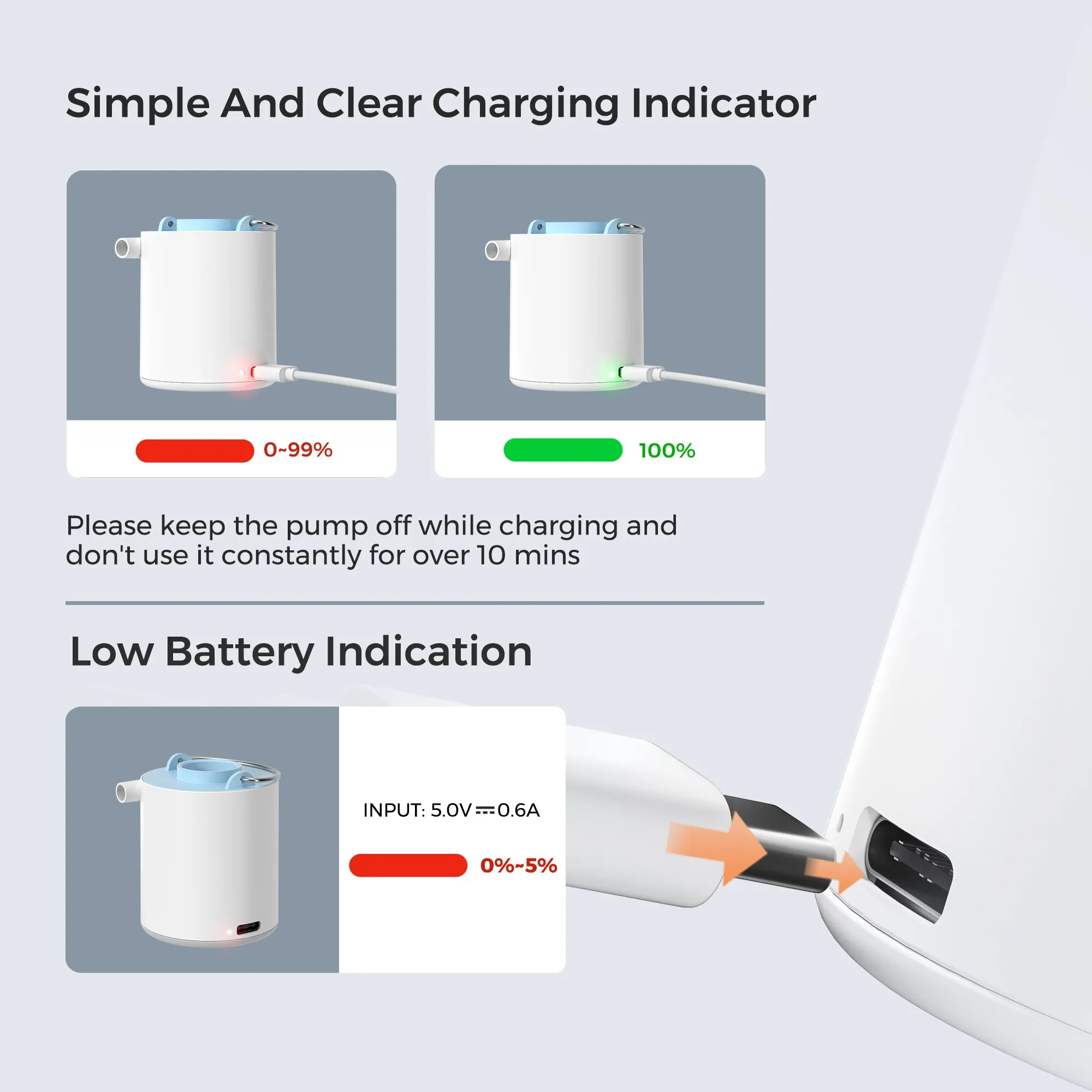 Bomba de ar portátil FLEXTAIL, mini bomba de acampamento com luz, carregamento USB-C, ideal para almofadas de dormir, colchão de cama de ar, sacos de vácuo