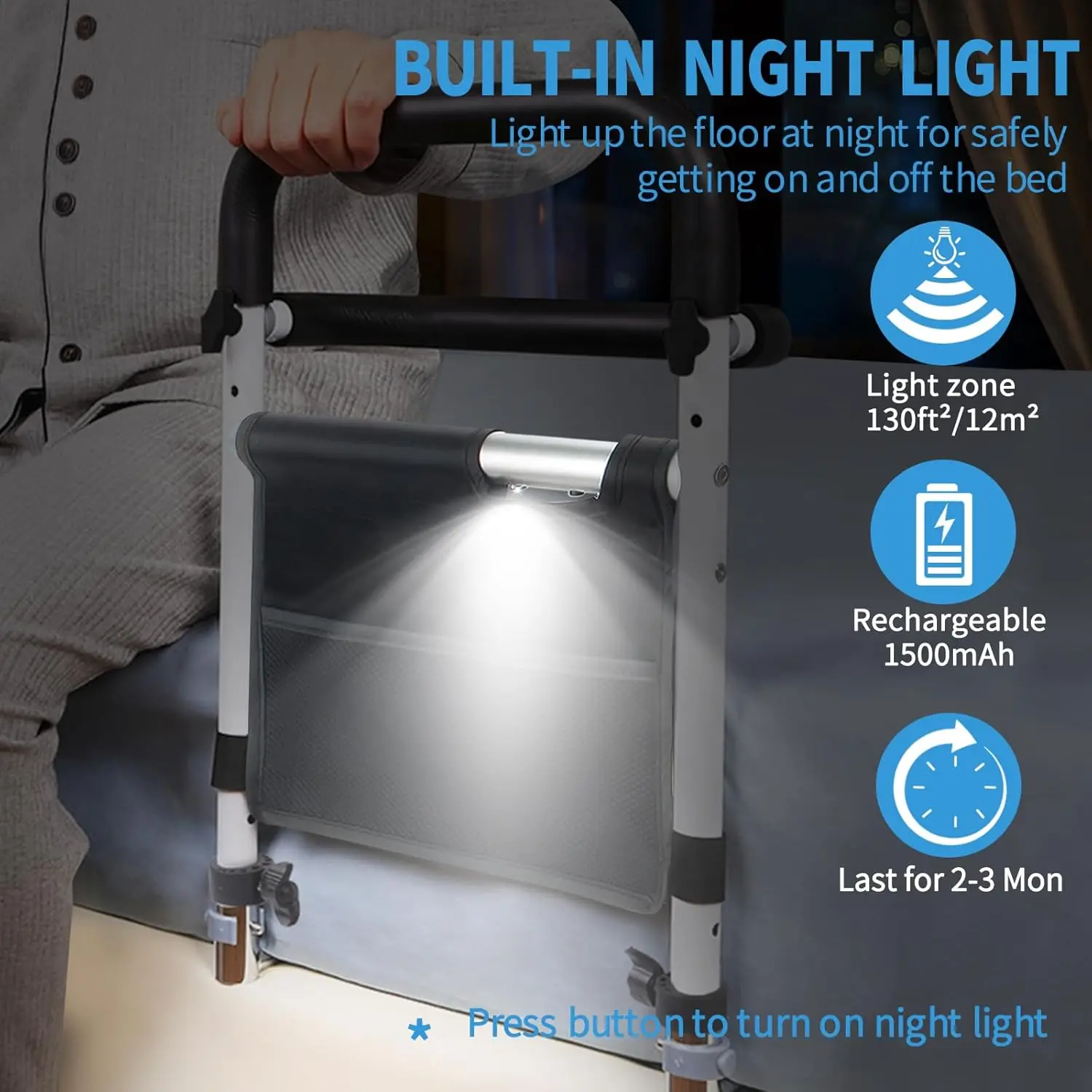 Bed Rails for Seniors with Built-in Bed Alarm & Night Light, Bed Assist Rails for Elderly Adults Safety, Bed Guard Rails
