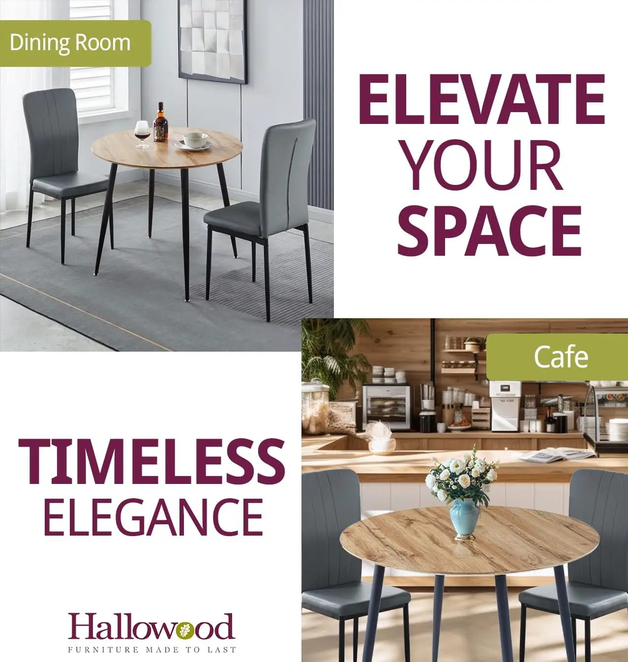 Furniture Cullompton Small Round Dining Table and Chairs Set 2, Wooden Dining Table with Oak Effect Top and Grey Faux
