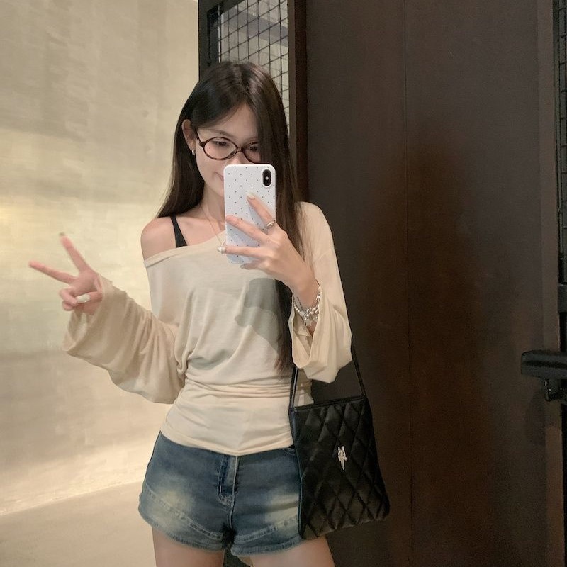 Sexy Thin See Through Long sleeve Oversize T shirt Women Bandage Off shoulder Top Female Basic Long Tees Korean Chic Lady New