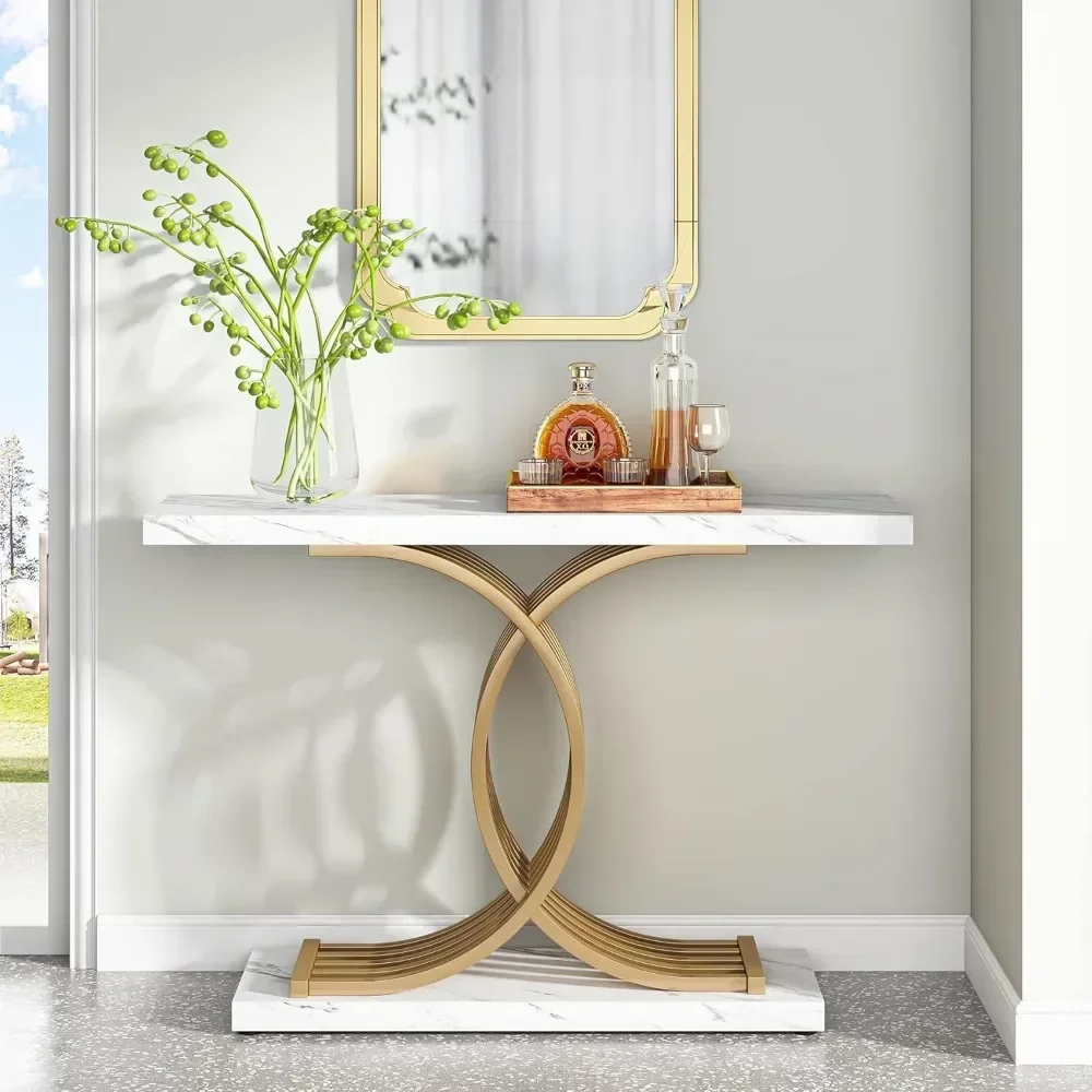 Mesa de entrada dourada, console moderno de 39 polegadas com pernas de metal geométricas, mesa de sofá de madeira estreita de mármore falso, hall de entrada para entrada