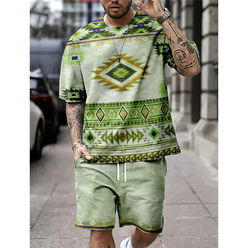 Sommer Retro ethnischen Stil männer Shorts Sets Casual T Shirts + Shorts 2PCS Outfits 3D Druck Mann Kleidung übergroßen Oansatz Sportswear