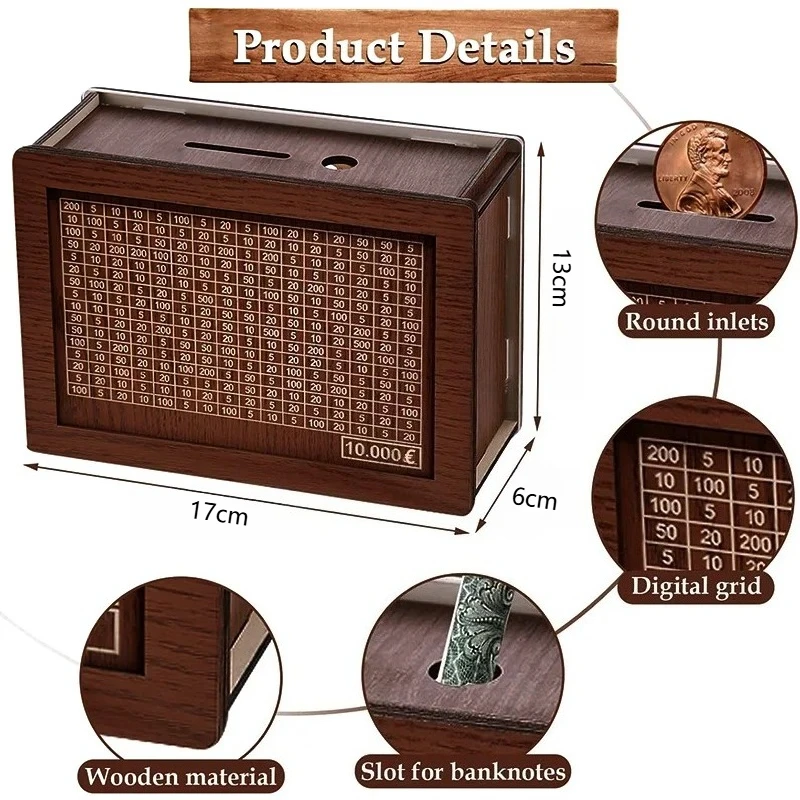 1000/3000/5000/10000 Euro Money Box Wooden Piggy Bank Reusable Money Vault Savings Box Challenge Cash Storage Case Children