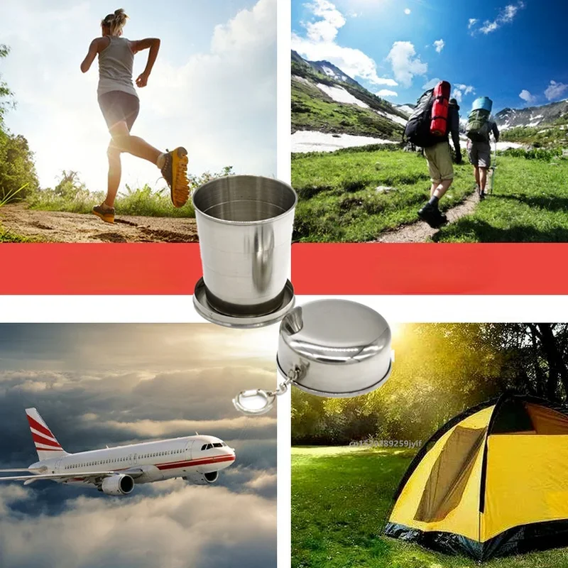 Tazza telescopica pieghevole in acciaio inossidabile da 75 ml/150 ml/250 ml per tè con tazza portachiavi portatile da viaggio all'aperto da campeggio