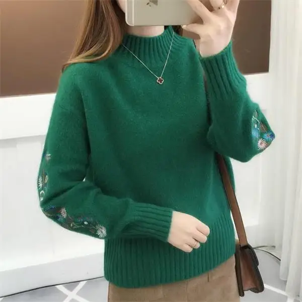Áo Len Dệt Kim Họa Tiết Thêu Hoa Áo Len Dày Pullovers2023 Thu Đông Mới Dài Tay Turleneck Áo Len