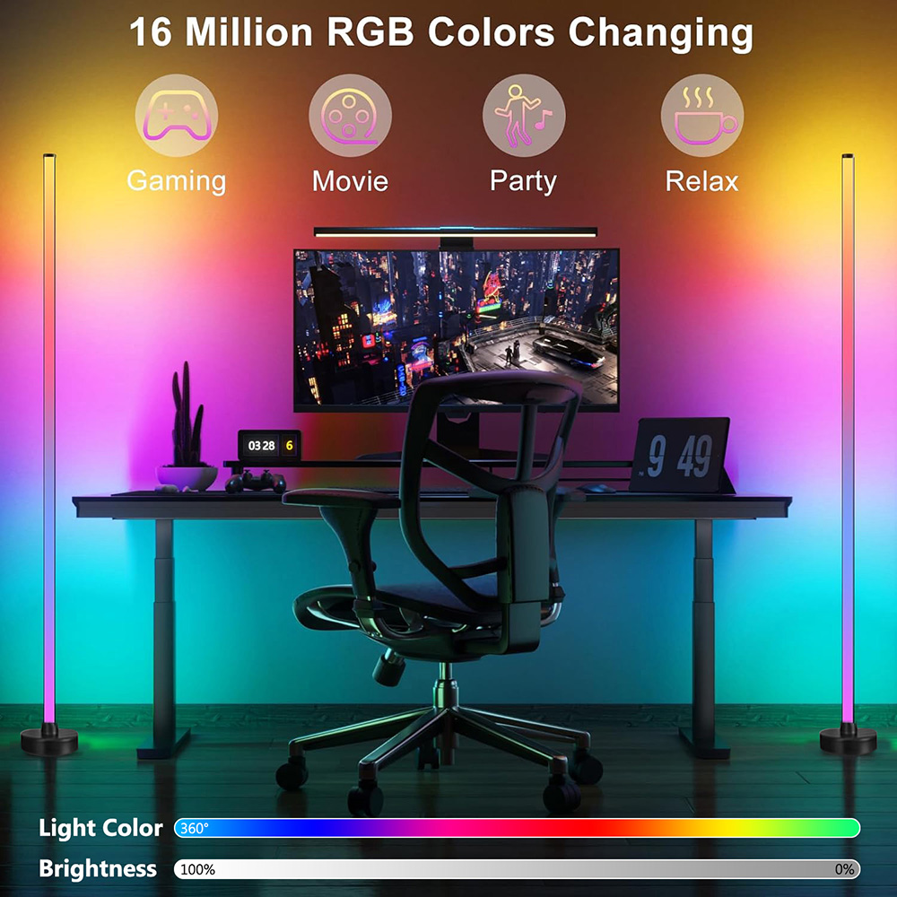 Inteligente RGB LED Floor Lamp, Controle remoto e App, Music Sync Corner Lighting Timer, Modern Mood Standing Lamp para sala de estar, Gaming