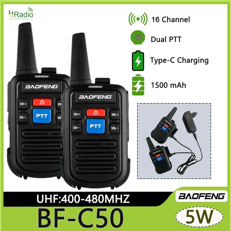 Baofeng-Mini walkie-talkie BF-C50, UHF, PTT Dual, 5W, Woki Toki, cargador tipo C, intercomunicador para niños, transceptor HF, Radio Ham de 1500mAh