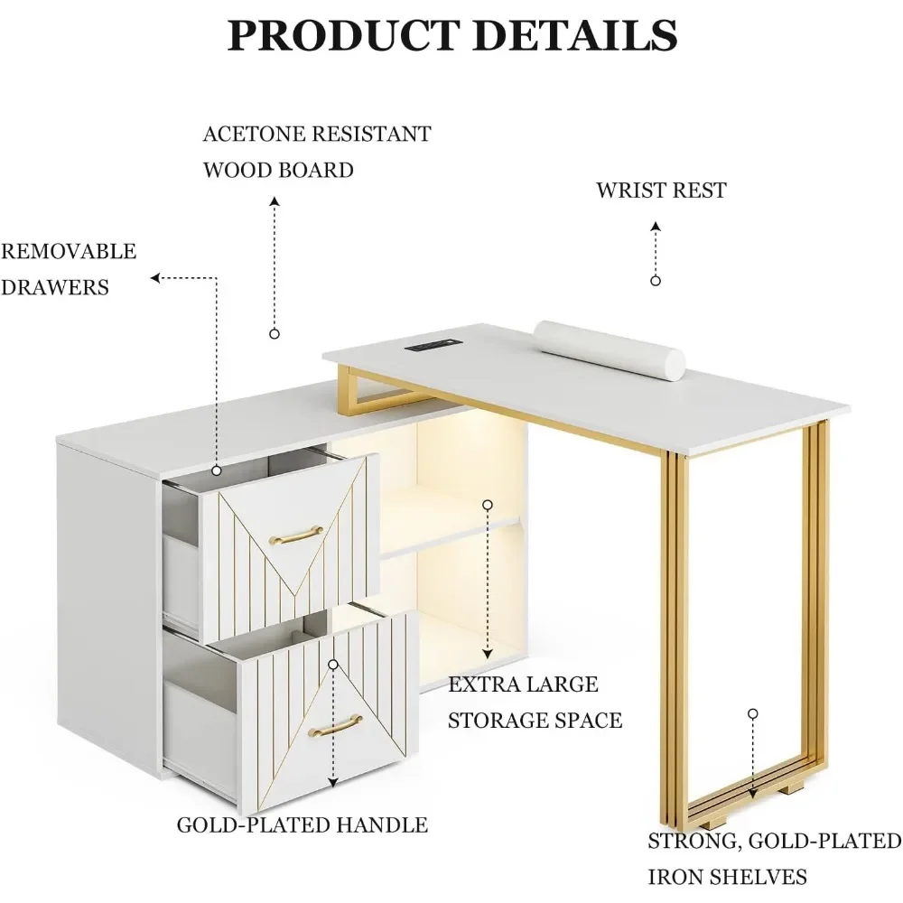 Manicure Table for Nail Tech with Wrist Cushion, Corner Nail Desk with 2 Drawers and 2 Shelves, Beauty Salon Nail Supplies Decor