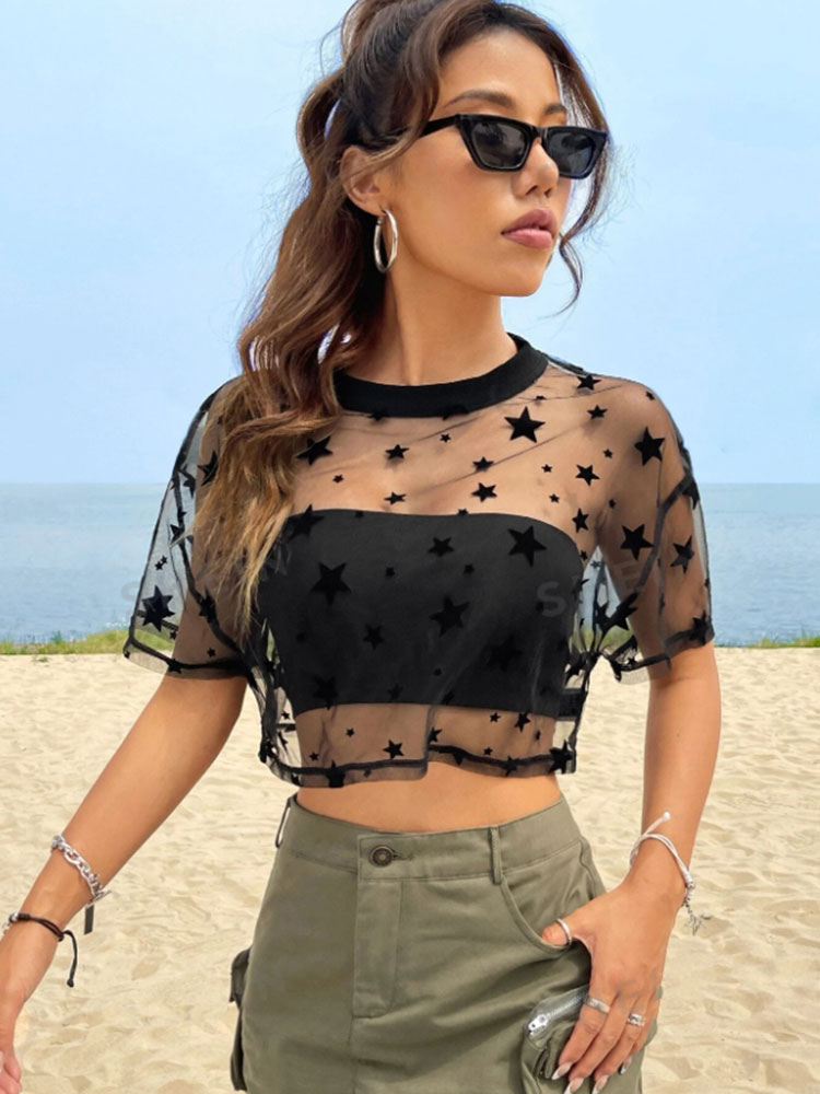 Trajes de verano Top corto de malla con hombros caídos y estampado de estrellas sin camisola