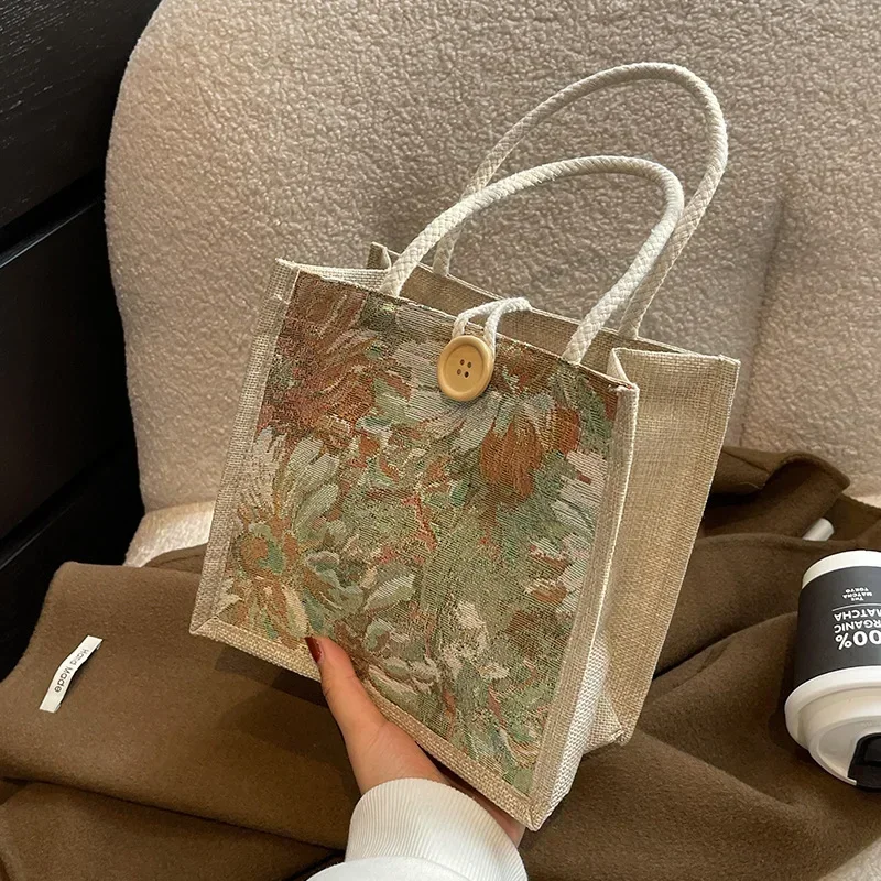 Linen Handbag Korean-Style Women'S Canvas Shopping Bag Large Capacity Tote Lunch Bag Flower Print Shopper Purses