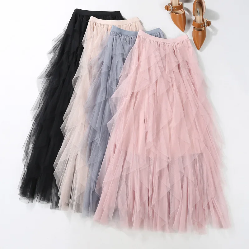 Dames Elastische Hoge Taille Tule Mesh Onregelmatige Tutu Rok Zomer Meisjes Feest Ouder Kind Meisje Geplooid Lange Midi Rokken