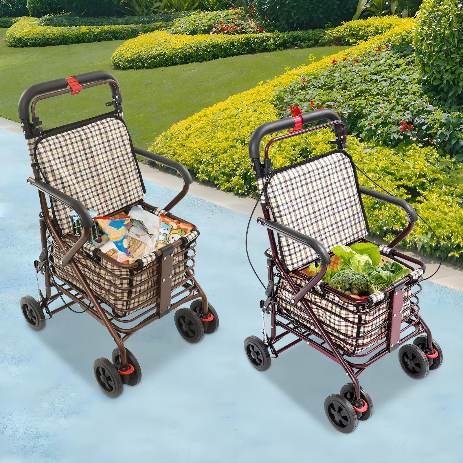 Storage Cart for Olders with Seat Foldable Rolling Walker for Seniors Walking Aids with Seat
