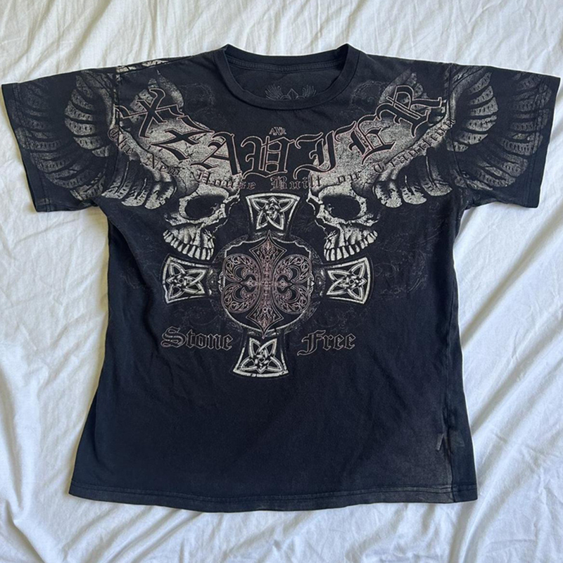 2000 年代美的モールゴス E-girl ゴシック Tシャツレトロ Y2K グランジスカルウィングクロップトップスインディーグラフィックプリント半袖 Tシャツ女性