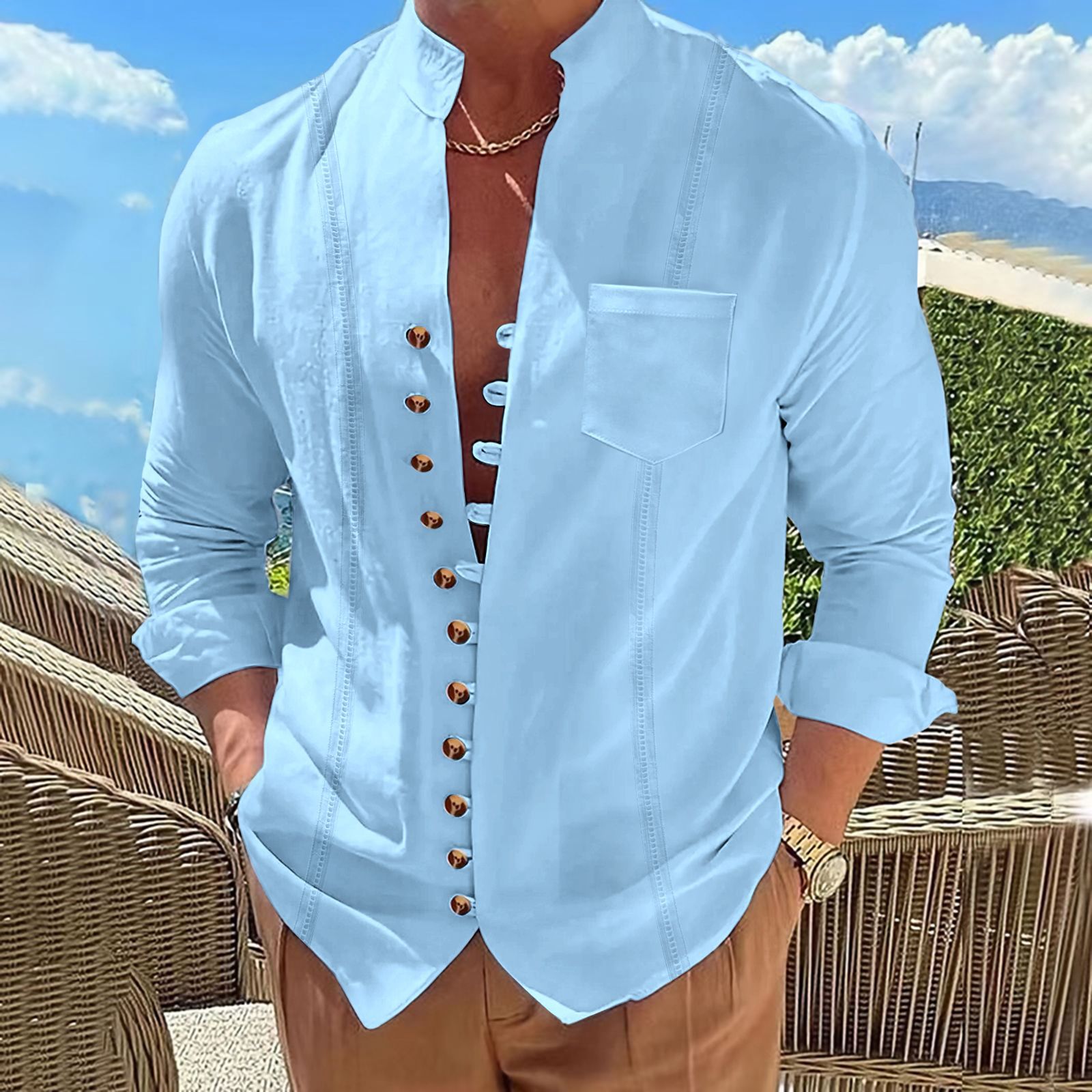 2024 Nueva camisa de manga larga con cuello levantado retro y bolsillo de algodón y lino para hombre Cárdigan informal a rayas de color sólido con múltiples botones