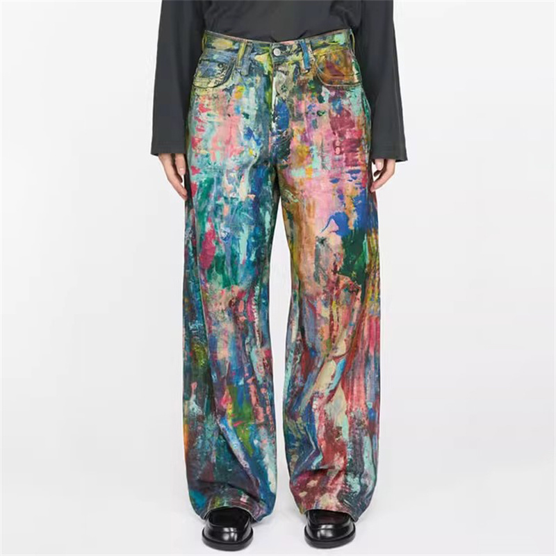 Damenjeans 2025, Frühjahr, neue bemalte Graffiti-Damenhose, Paar-Stil, lockere Hose mit geradem Bein, Hose aus reiner Baumwolle mit weitem Bein
