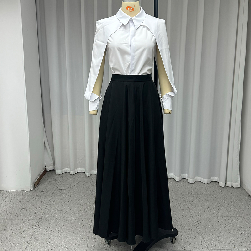 Wefads 秋冬ツーピースセットエレガントな固体長袖中空アウトラップルシャツトップルーズブラックドレスセット女性服