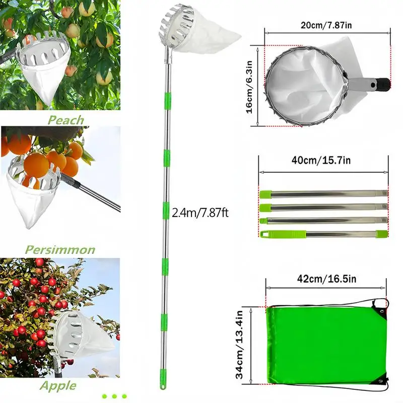 Garden Basket Fruit Picker Head with Telescopic Extendable Pole Fruit Picking Harvester Non-Slip Grip Handle High Altitude