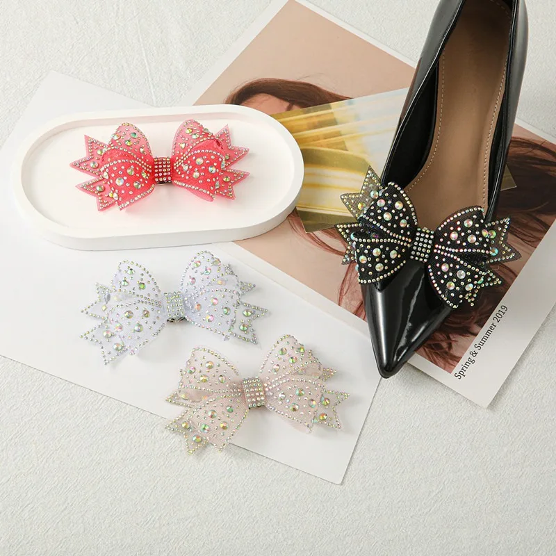 เงา Bows รองเท้าตกแต่งงานแต่งงานรองเท้าส้นสูง Charm ตาข่าย Hot Stamping Diamond Bow รองเท้าอุปกรณ์เสริมหัวเข็มขัด