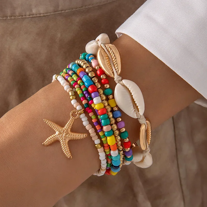 7Pcs Boho Sommer Seestern Armband Set Für Frauen Böhmischen Shell Reis Perlen Elastische Kette Armreif Mädchen Strand Schmuck Zubehör