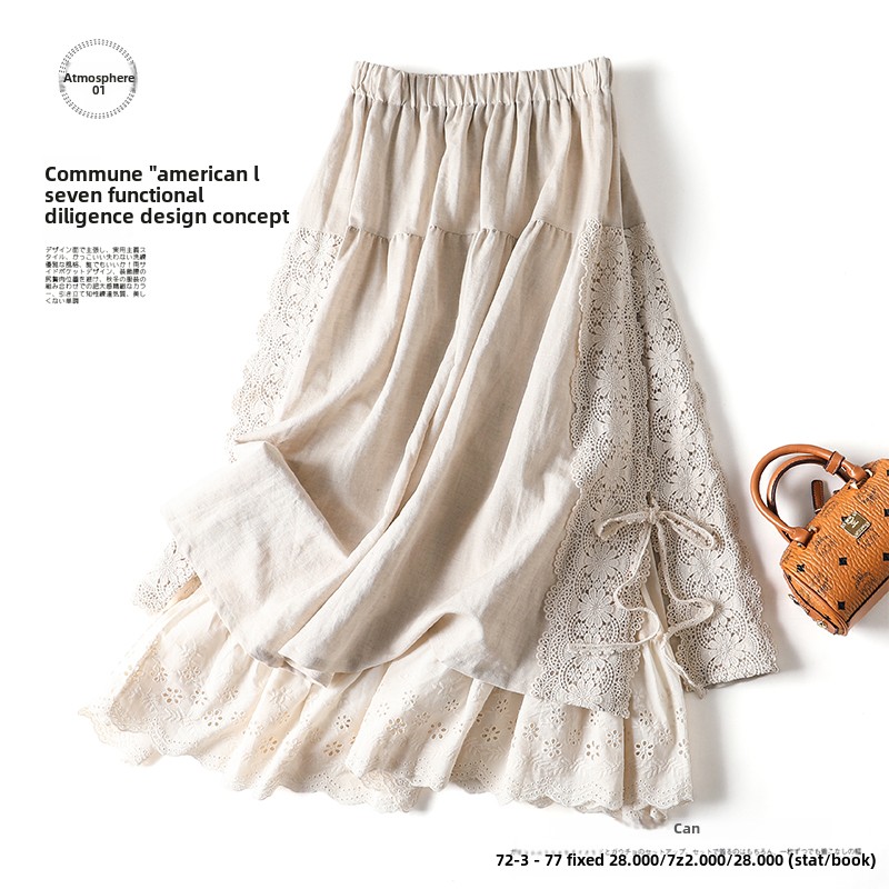 Sweet Embroidered Linen Skirt with Belt Heavy Work Elastic Waist A-Line Long Skirt High Waist Commute Sle Artistic Trend