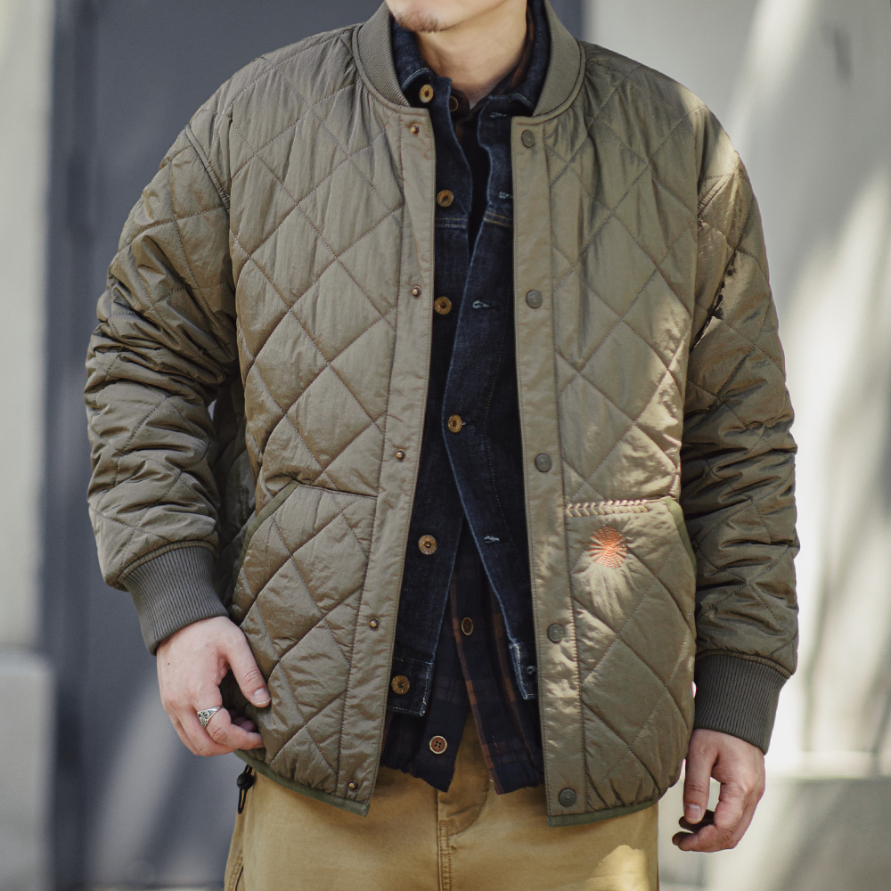 Maden カジュアル キルティング ベースボール ジャケット 厚くて暖かい パッド入り コート グリーン ヴィンテージ アウター メンズ 冬用 多用途 コート ポケット付き