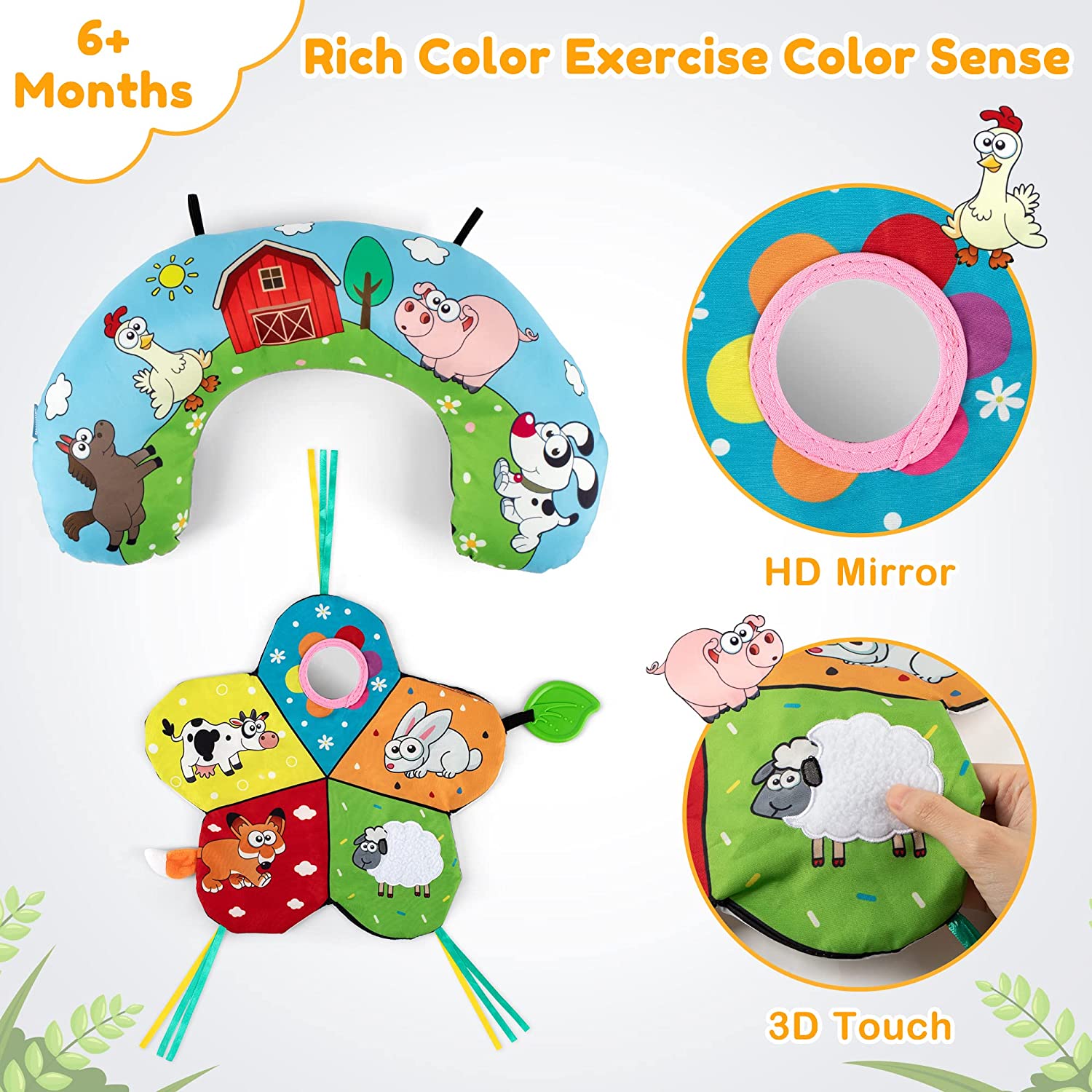 Tummy Time Pillow with 3D Crinkle Mat & Teethers Black White High Contrast Baby Toys with Mirror Sensory Toys for Infant Newborn