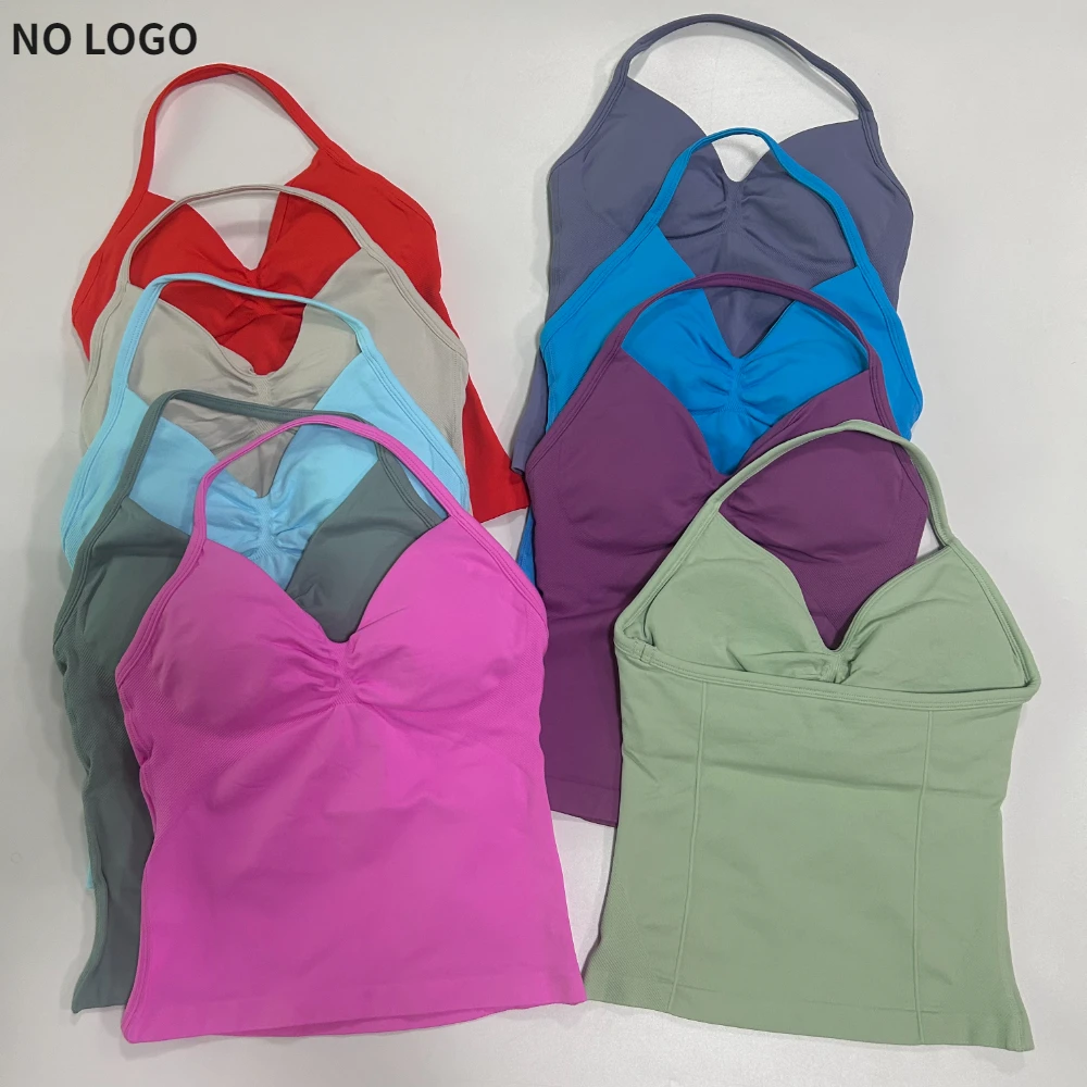 No Logo Seamless Longline Strappy Gym Top Backless Gym Clothes Women Scrunch Built-in Bra With Removable Cups Yoga Tank Tops