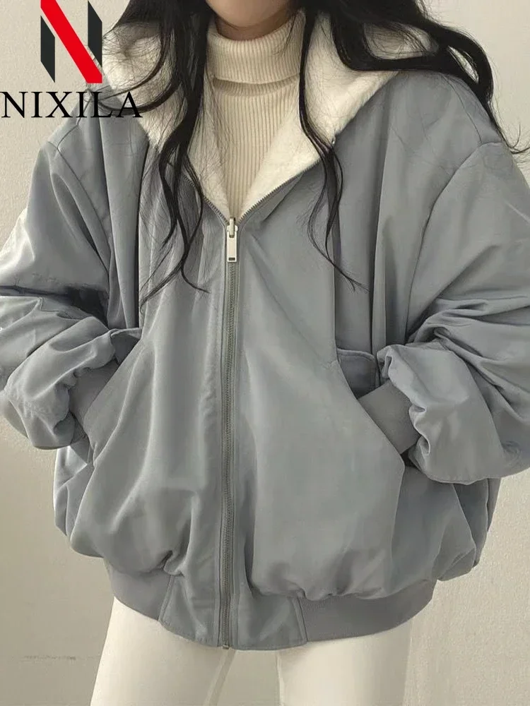Novo em jaquetas para mulheres grosso quente parkas oversized dupla face com capuz moda coreana casual solto zip up casaco roupas femininas