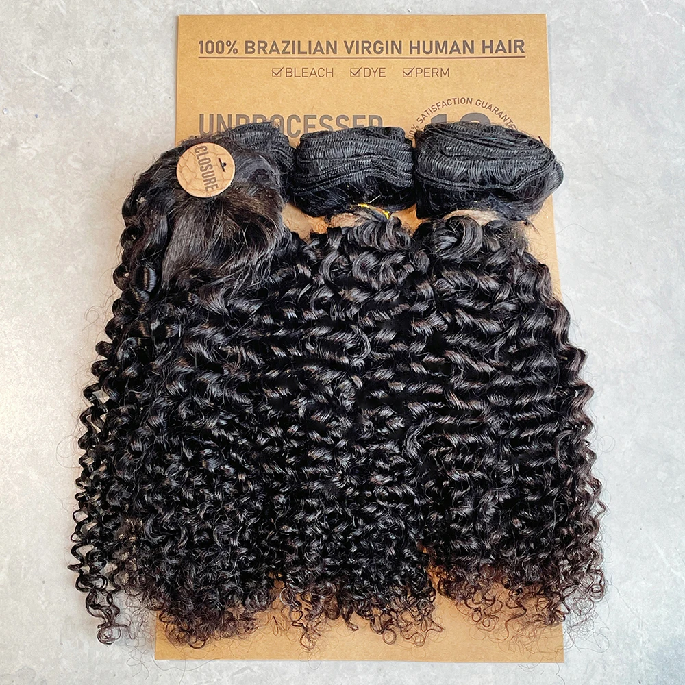 Kinky encaracolado feixes de cabelo humano curto cabelo brasileiro tece 3 pacotes com fecho natural preto encaracolado pacotes com fecho
