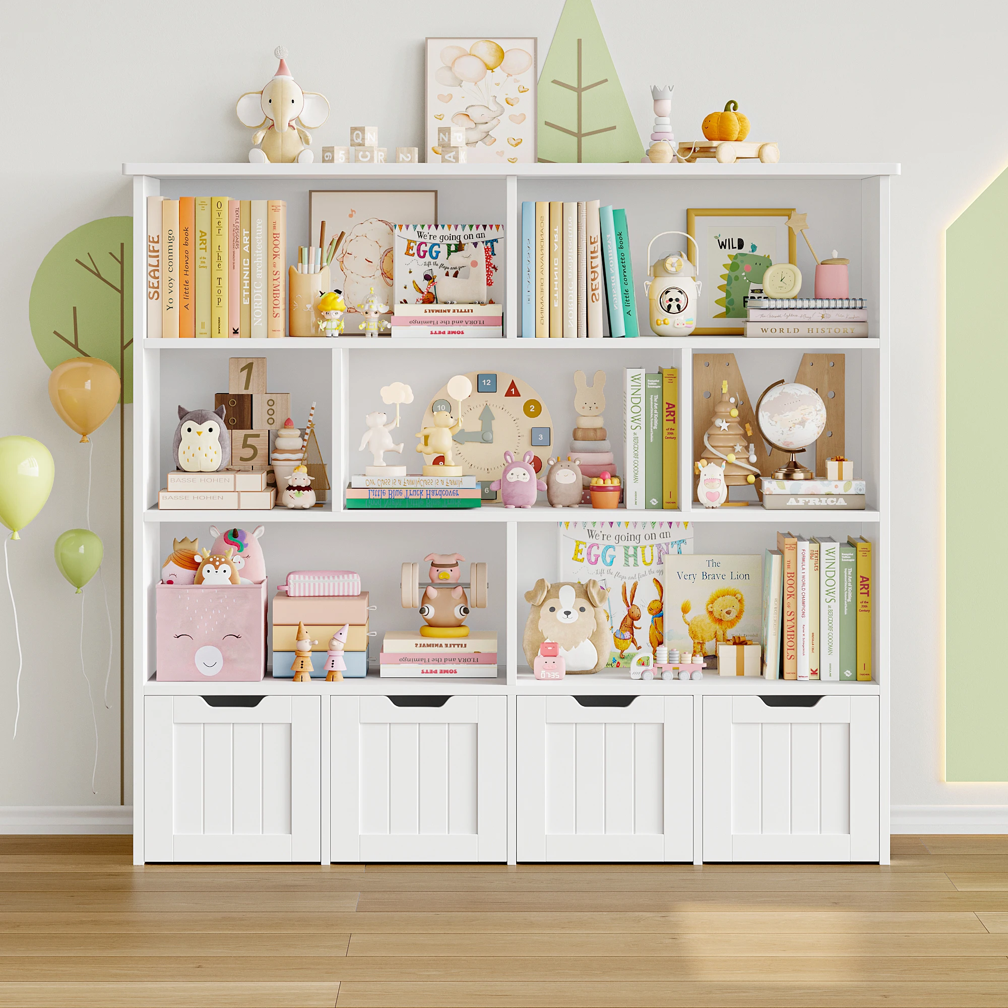Getone scaffale per bambini Mobili per cameretta per BAMBINI cassettiera per giocattoli Libreria Armadio per BAMBINI con 4 cassetti a rotelle 8 ripiani 12,5x33x118 cm