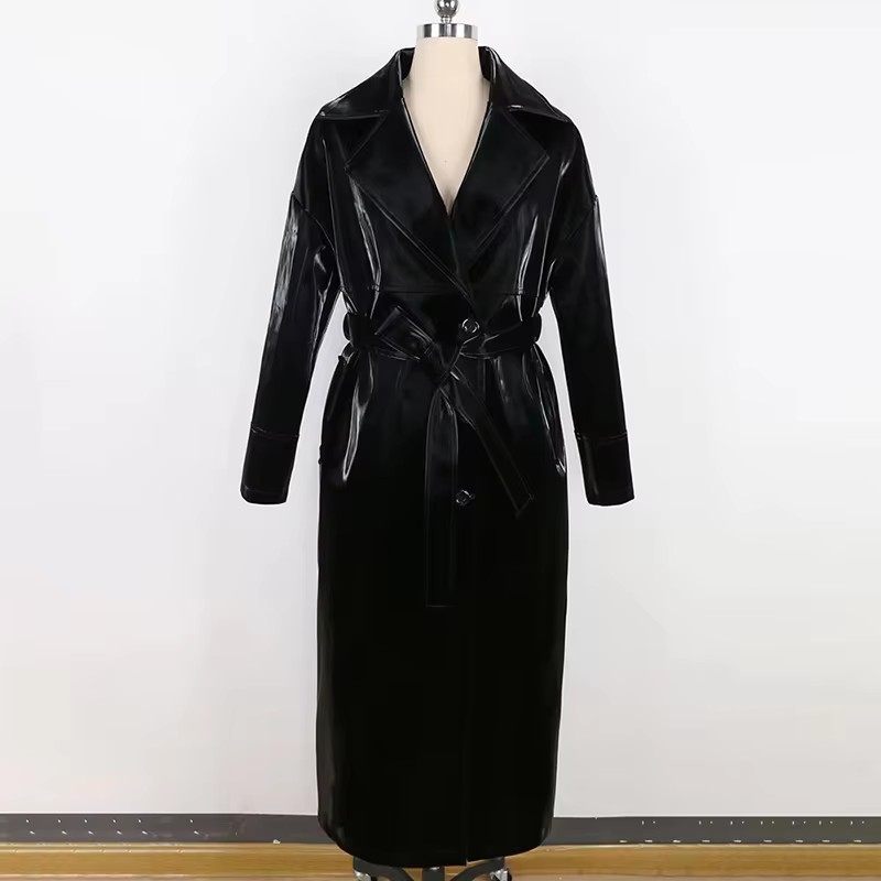 Mauroicardi Frühling Herbst Lange Wasserdichte Glänzende Reflektierende Schwarz Patent Leder Kokon Mantel Frauen Schärpen Luxus Designer Kleidung