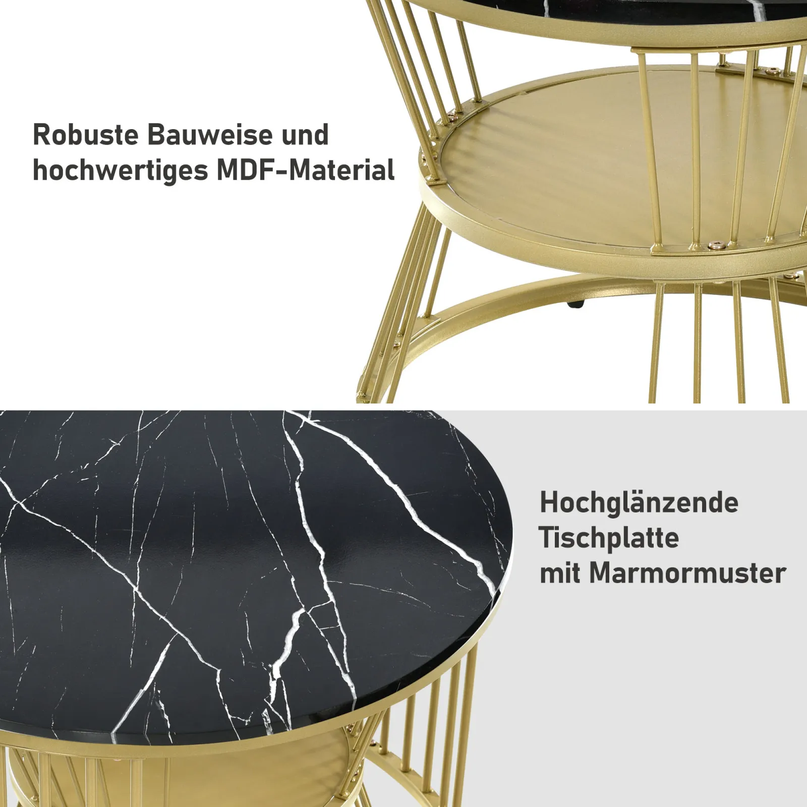 Table basse gigogne moderne, ensemble de table basse, côté canapé en placage de marbre, accent de tables, tables d'extrémité rondes, ensemble de 2, cadre doré