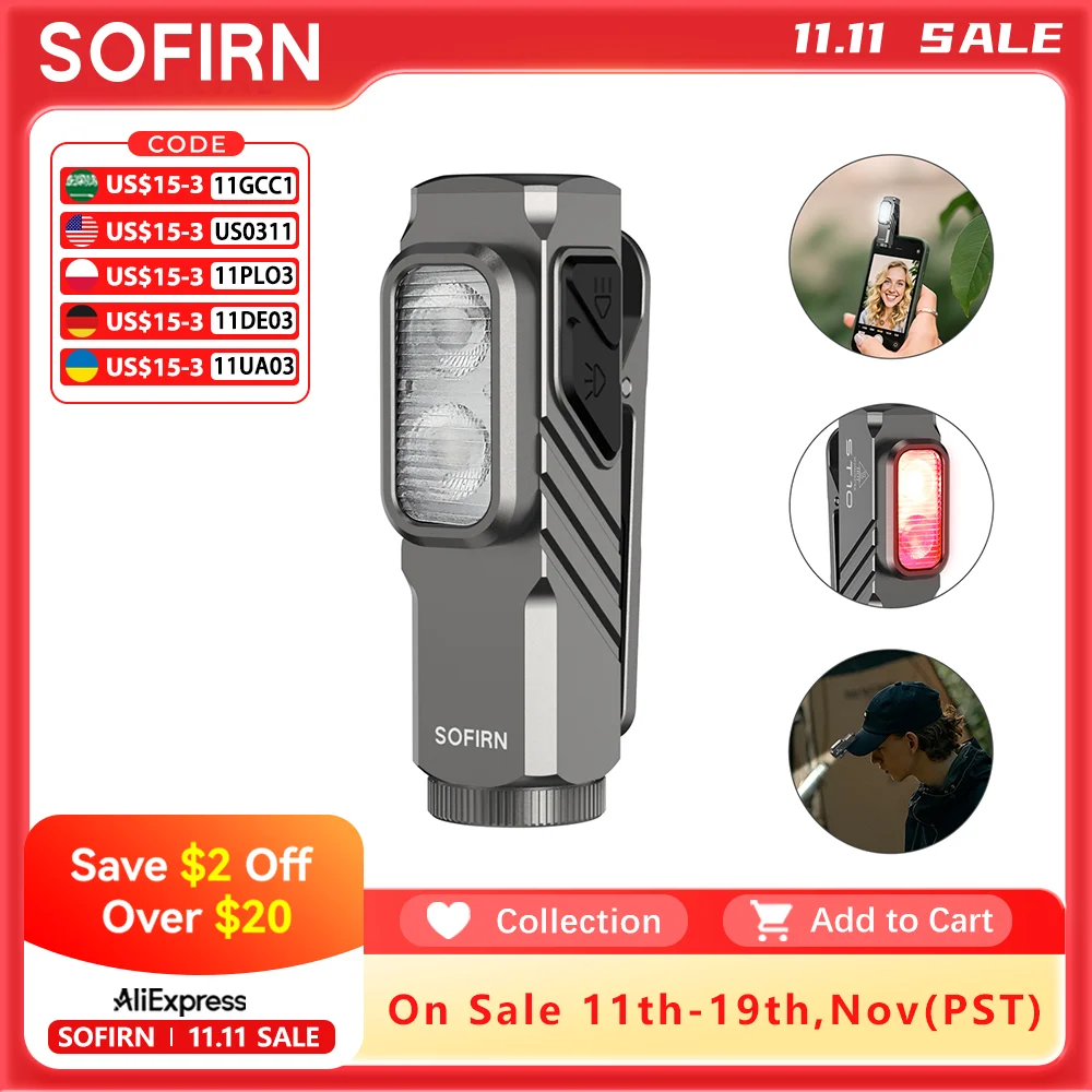 SOFIRN ST10 1000 лм Мини-фонарик с зажимом 144 м 7000 К Светодиодный светильник 14500 USB C Перезаряжаемая белая и красная лампа IPX6 с магнитной крышкой