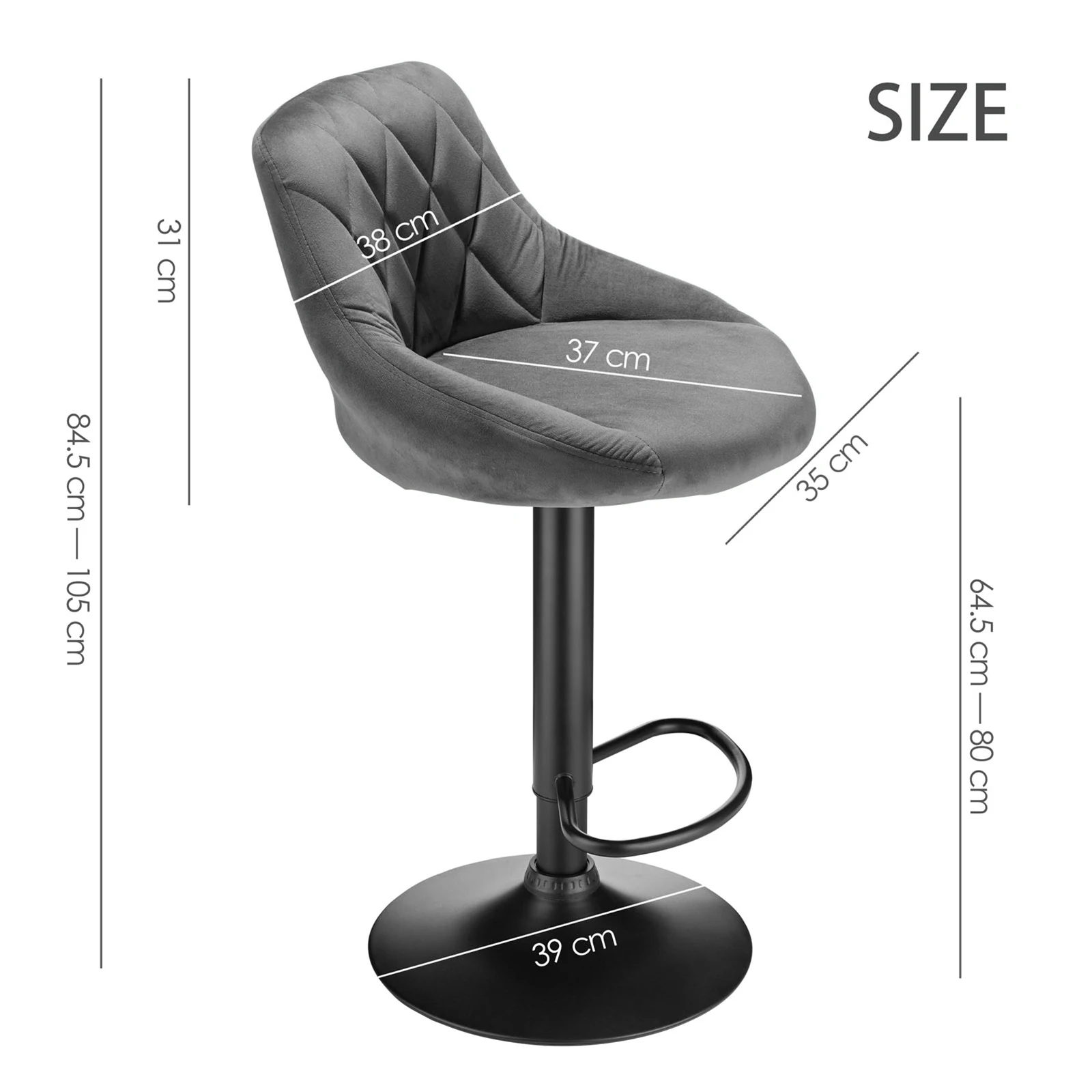 Set di 2 sgabelli da bar in velluto. Sedia da cucina dal design moderno con sedile regolabile in altezza, 360 °   Girevole e poggiapiedi