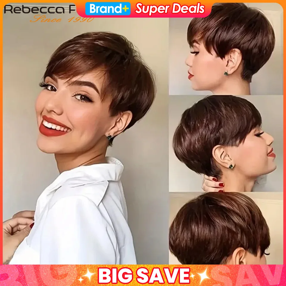 1b pixie corte curto colorido em linha reta perucas de cabelo humano com franja completa máquina feita perucas para mulheres brasileiro natural preto