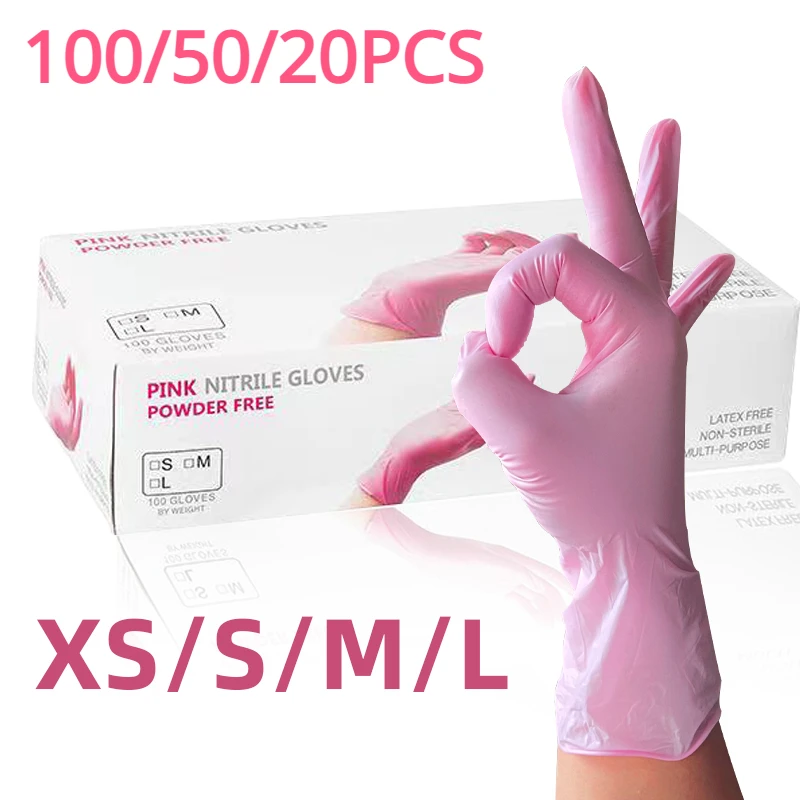 100/50/20PCS Hellrosa Einweg-Nitrilhandschuhe, wasserdicht, antistatisch, langlebig, hellrosa Handschuhe für Küchenkochutensilien