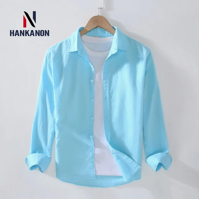 Camping Spring Summer New Linen White Long-Sleeved Shirt, Men's Cotton&Linen Shirt, Business Casual, Comfortable Loose Blouson