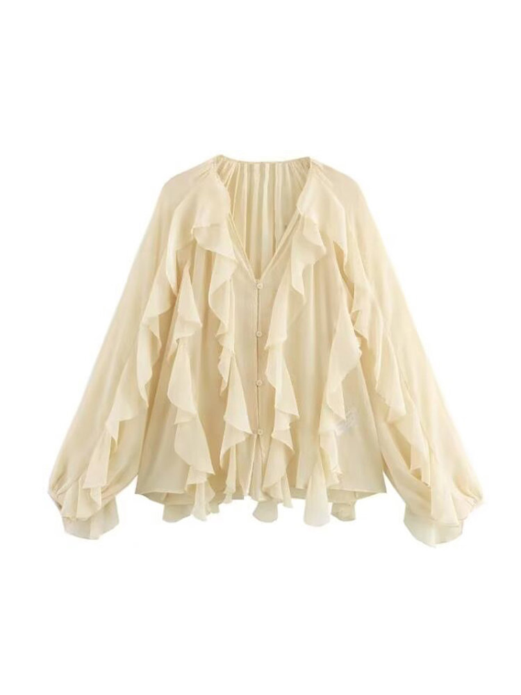 MUJER 2025 Blusas com babados para mulheres Camisas e blusas semitransparentes Mulher Verão Blusas Casuais Mulher Moda Tops Blusas Femininas