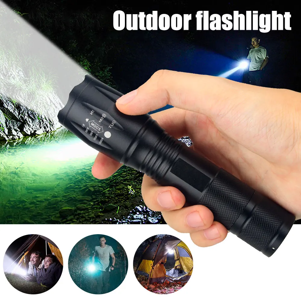 Linterna LED de alta potencia para acampar con 5 modos de iluminación, linterna impermeable con luz de enfoque variable de aleación de aluminio