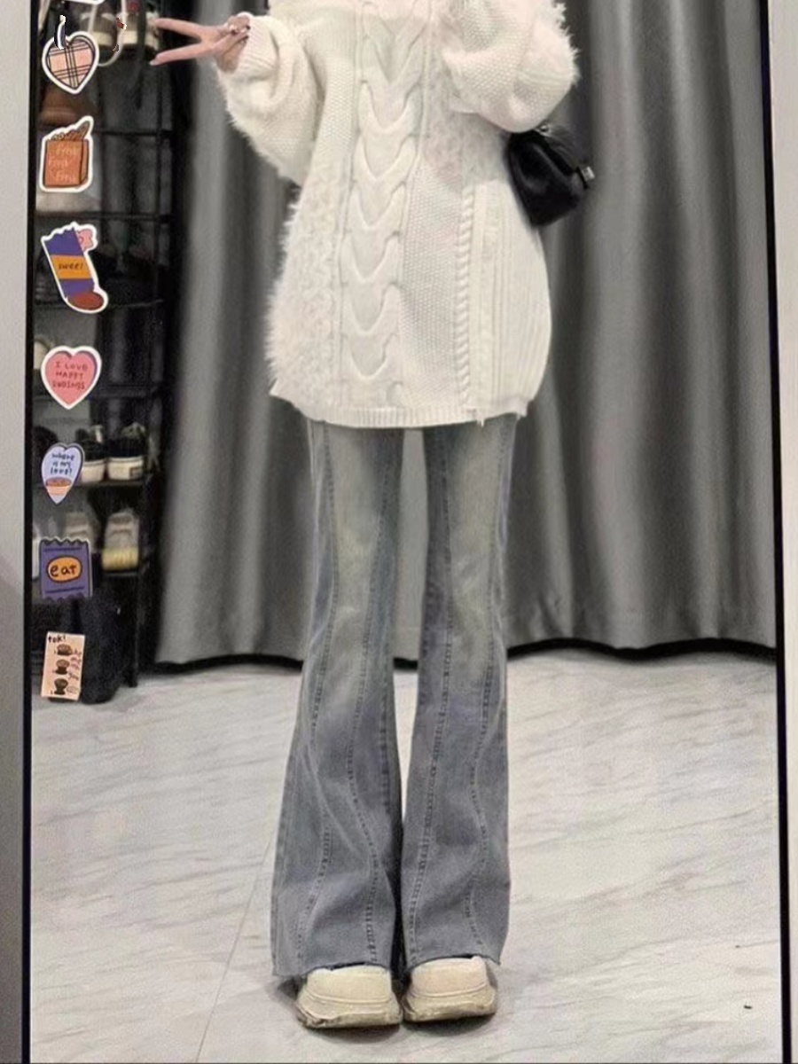 High Waist Flared Jeans Women's Light Wash Loose Fit Floor Length plus Size Bootcut Pants Spring New Sle Cotton Stretch Denim